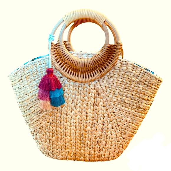 Handcrafted in Vietnam Handbags - NEW Natural Hyacinth Raffia Straw Purse Tote Bag Tassel Tropical Size 12 x 14"